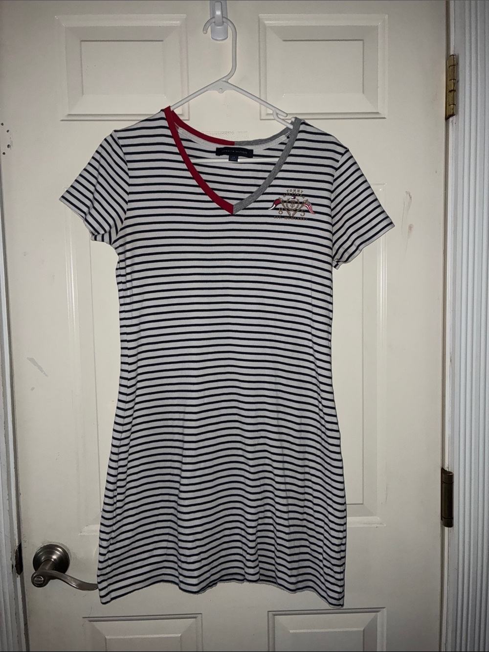 Tommy Hilfiger Striped V-Neck Tee Dress with Red Trim